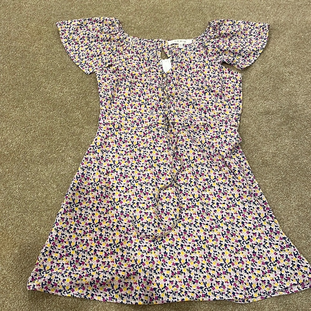 Row A tie up front purple floral flutter sleeve mini dress